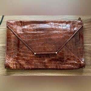 Abas Brown Patent Leather Crocodile Embossed Clutch NEW